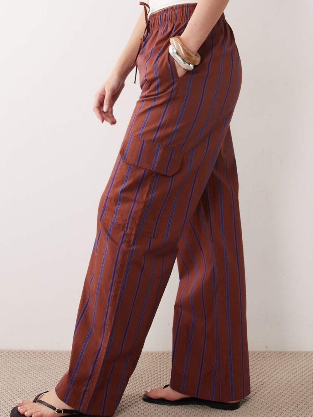 Mango Cotton utility straight tie waist pants in rust and blue stripe - XS - NWT